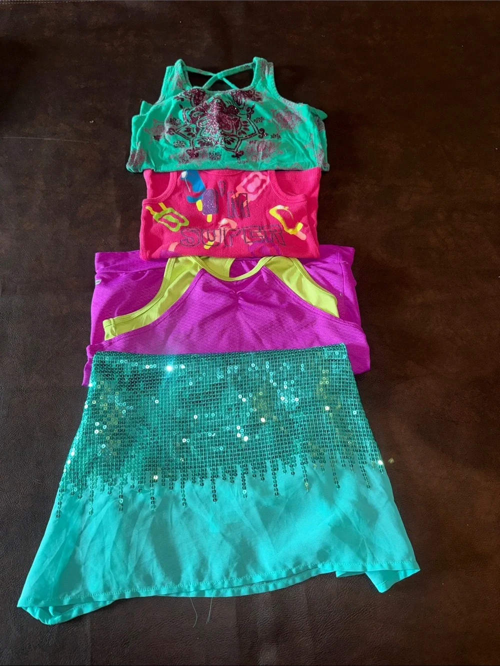 Kids Sequin Dance Skirt and Layered Tops Set - Teal, Pink, Purple